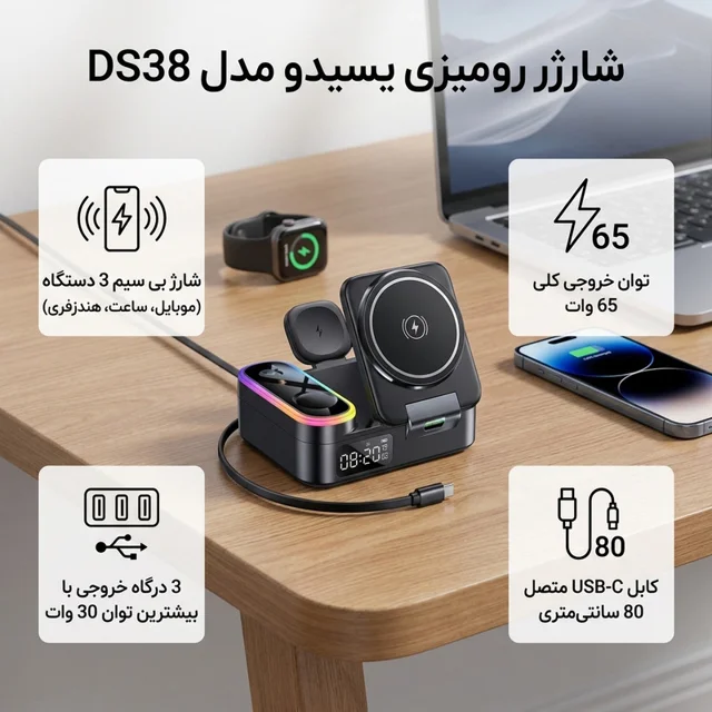 شارژر بی سیم 30 وات 3 پورت یسیدو مدل DS38 به همراه کابل USB-C به طول 0.8 متر 102744360
